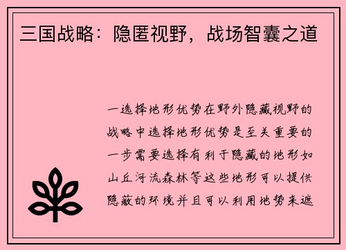 三国战略：隐匿视野，战场智囊之道